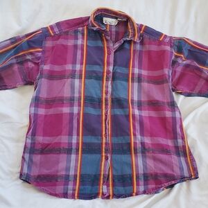 HeShy 2 Vintage Plaid Shirt Purple and Red, Women's Sz M 3/4 Sleeves 100% Cotton